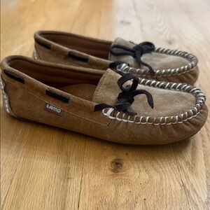 Lamo Girls Tan Suede Moccasins with Dark Brown Accents
